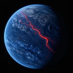 a picture of an alien planet, circular planet, taken from orbit, dark blue planet, red narrow lava rivers, astronomical imaging