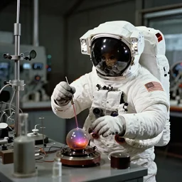 old photograph of an astronaut in a futurist lab doing occult experiments on an alien