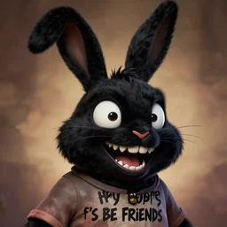 A extremely highly detailed majestic hi-res beautiful, highly detailed head and shoulders portrait of a scary terrifying, horrifying, creepy black cartoon rabbit with scary big eyes, earing a shirt laughing, hey buddy, let's be friends, in the retro art style of Walt Disney