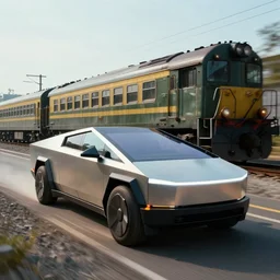 cyberpunk car riding near a railway with an old train