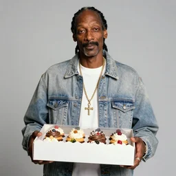 Snoop Dogg holding a box of cupcakes for a 1990s sitcom tv show, Studio Photograph, portrait, C 12.0