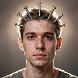 A painted self portrait of a man with screws in is head instead of hair, backlight, volumetric lighting, detailed, trending on artstation