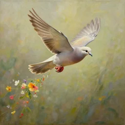 a dove flying and leaving a trail of flowers, oil painting, hyper realistic, highly detailed, coherent, vibrant colors, smooth,