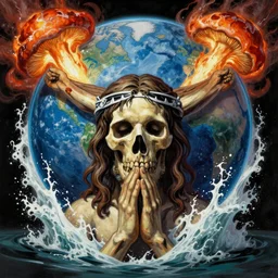 ultrarealistic comic painting of a skull face Jesus Christ with the earth sphere in background, drowning into thermonuclear blast mushroom, praying for peace