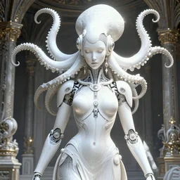 portrait of an absurdly beautiful, graceful, sophisticated, fashionable cyberpunk mechanoid, hyperdetailed illustration by irakli nadar and alexandre ferra and vania zouravliov, intricate linework, white porcelain skin, faberge, octopus headdress, unreal engine 5 highly rendered, global illumination, radiant light, detailed and intricate environment