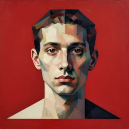 professor. portrait. bauhaus, angular, geometric, symmetrical. red color theme. flat, solid background.