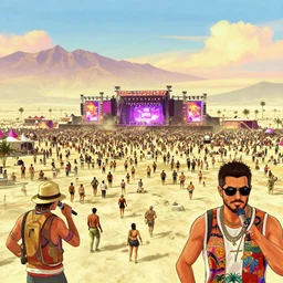 summer party rave gigantic desert burning man stage and thousands of party people beautiful picture and scenery, gta 5 comics, official fanart behance hd artstation by greg rutkowski, by jeremy mann, by francoise nielly