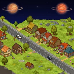 on main street in a small colony on a remote planet, from a space themed point and click 2 d graphic adventure game, art inspired by the lord of the rings and thomas kinkade