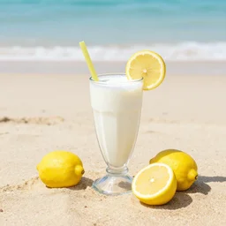 a lemon relaxing on a beach drinking a milkshake