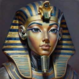 a beautiful painting cyberpunk robot queen of egypt face, by boris vallejo realistic oil painting