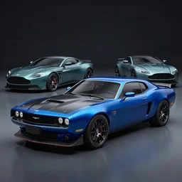 a muscle car based on nissan, aston martin and chevy sports car body styles, nissan sports cars, chevy sports cars, aston martin, blue and black paint, trending on artstation, unreal engine, studio lighting, by jotaautomotive, nancorocks and khyzylsaleem