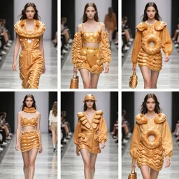 multi panel storyboard of olivia wearing an outfit made of golden donuts, runway model at new york fashion week, fit physique, black hair, freckles, pale skin, multiple angles, photo by greg rutkowski, stage lighting, soft colors, female beauty, intricate detail, elegance, 3 5 mm, depth of field, masterpiece