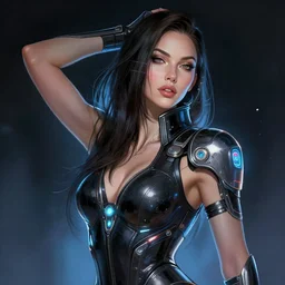 portrait of cyberpunk 2 0 7 7 megan fox, intricate, elegant, glowing lights, highly detailed, digital painting, artstation, glamor pose, concept art, smooth, sharp focus, illustration, art by artgerm and greg rutkowski, artey freytag