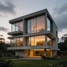 a luxurious house, brutalist architecture, ( le corbusier ), glass windows, concrete, glowing lights, trees, daytime, cloudy sky, sunset, epic lighting, subtle colors, concept art, detailed illustration, centered, hd, 4 k, photorealistic, digital art, greg rutkowski, dan mumford, ruan jia, trending on artstation