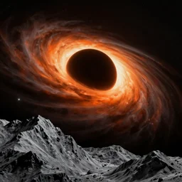 an artist's impression of a black hole in the dark sky. ragged, grey mountains in the foreground. blackhole has a massive bright glowing orange accretion disk surrounding it. a detailed matte painting, space art, anamorphic lens flare. space engine.