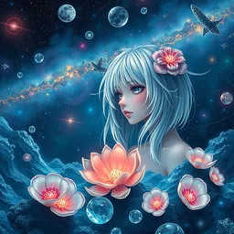rei ayanami, deep space, seascape, grimes, lain iwakura, silver hair, masterpiece by shikinami asuka langley, ernst haeckel, cosmos, psychedelic flowers, black opal, rainbow aura quartz, organic, oni compound artwork, of character, render, artstation, portrait, wizard, beeple, art, fantasy, epcot, psychedelic glitchcore