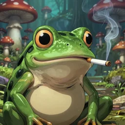 A close up portrait of a scary godlike anthropomorphic frog smoking an anime cigarette , magic mushroom village in background . award winning. superb resolution. in the art style of junji Ito and greg rutkowski . Detailed Mushroom city in background. Hyper realistic anime. Perfect art. Dalle2