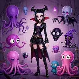 lisa frank gothic vampiric punk vampiric rockstar vampire squid concept character designs of various shapes and sizes by genndy tartakovsky and splatoon by nintendo and the psychonauts by doublefine team of artists for the new hotel transylvania film
