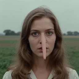 beautiful woman with a long dangly nose, with extra eyeballs, in the countryside 1974 arthouse film, archival footage, technicolor film expired film