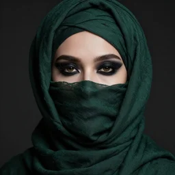 a beautiful woman with layers of dark green cloth wrapped around her head and face, black eyeshadow, high detail, black dark aesthetic, epic style