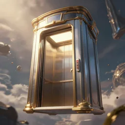 Matte painting of an elevator floating in the sky. Fantastical, elaborate, dynamic light, detailed digital art trending in artstation