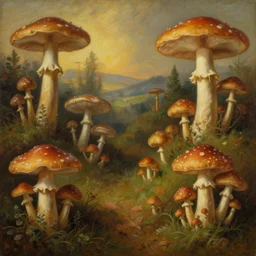 a society of many different sentient mushrooms, landscape painting, fantasy, surrealism, plants and nature, warm lighting