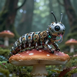 intricate mechanical caterpillar with visible gears and electronics and optic Fibres sitting on top of a mushroom in a magical forest. Very detailed 8k. Fantasy cyberpunk horror. Sharp. Cinematic post-processing