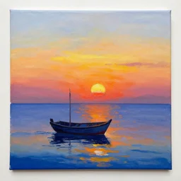 a sea landscape with a boat in sunset acrylic paint