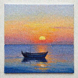 a sea landscape with a boat in sunset acrylic paint