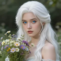 highly detailed illustration of a beautiful white - haired woman in the image of a fairy - tale princess in a garden with a bouquet of wildflowers, wonderful blue eyes, deep smooth focus, d & d, fantasy, complex, elegant, highly detailed, digital painting, artstation, concept art, matte, clear focus, illustration, hearthstone, art by artgerm and greg rutkowski and alphonse the fly