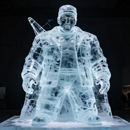 dramatic photo, ice sculpture that looks like the rapper'ice cube'