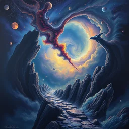 explore journey highly detailed surrealist painting by michael divine by yvonne mcgillivray by michael divine by mandy jurgens by michael divine, moody color palette, very very very beautiful, cosmic nebula