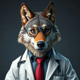 anthropomorphic wolf in a lab coat with glasses, 8 k, octane render
