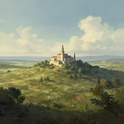 A serene landscape with a singular building in the style of Boris Vallejo.