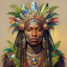 upper half portrait of colourful retro futuristic african tribal chief - embellished with vegetation and iridescent crystals, art by stanley artgem lau, design blocking by alphonso mucha and drew struzan, colouring by zdzisaw beksinski, highly detailed, digital painting, airbrush, concept art, illustration, smooth sharp focus, intricate, symmetry, artstation