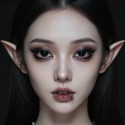 a creepy portrait, dark background, horror girl, professionally retouched, soft lighting, realistic, smooth face, black alien eyes, pointed elf ears, pointed big teeth, wide angle, sharp focus on the eyes, 8 k high definition, insanely detailed, intricate, elegant, beautiful, art by artgerm and wlop