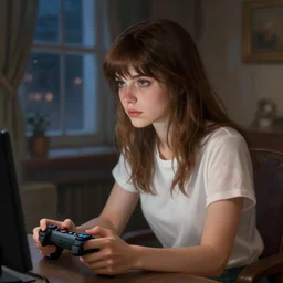 Epic portrait a woman playing videogames in her room during nighttime, blurred backround, city window view, white t shirt and brown bang hair, digital painting, artstation, concept art, soft light, hdri, smooth, sharp focus, illustration, fantasy, intricate, elegant, highly detailed, D&D, matte painting, in the style of Greg Rutkowski and Alphonse Mucha and artemisia, 8k, highly detailed, jurgens, rutkowski, bouguereau, pastoral, rustic, georgic