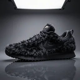 nike shoe made of very fluffy black faux fur placed on reflective surface, professional advertising, overhead lighting, heavy detail, realistic by nate vanhook, mark miner