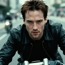 beautiful hyperrealism three point perspective film still of keanu reeves as neo in a motorcycle chase scene in matrix ( 1 9 9 0 ) extreme closeup portrait in style of 1 9 9 0 s frontiers in miniature street photography seinen manga fashion edition, miniature model, focus on face, eye contact, tilt shift style scene background, soft lighting, kodak portra 4 0 0, cinematic style, telephoto by emmanuel lubezki