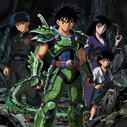 anime of young puerto rican man with brown eyes, full body, reptile armor by akira toriyama, shinichiro watanabe, hyper realistic, dark fantasy detailed, high definition insanely detailed, bitter wide angle lens glow in the dark