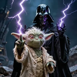 yoda as evil sith lord evil darth sidious. lightning bolts coming from fingertips. movie still.