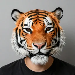 a tiger wearing a cheap human Halloween mask