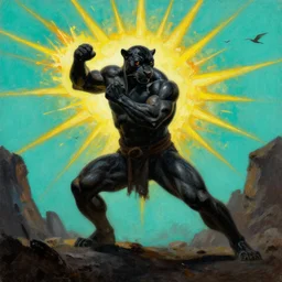muscular black panther barbarian hunter  full body fighting pose, sun rays , hit by explosion , small bird sihouettes  in cyan background , very textured detailed  oil painting by rembrandt , hard backlight , in dark cave