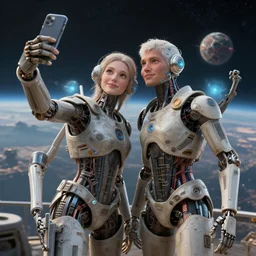 “ very very intricate photorealistic photo of our humanoid descendants in the year 2 2 0 0 taking a selfie on their sci - fi planet, award - winning crisp details ”