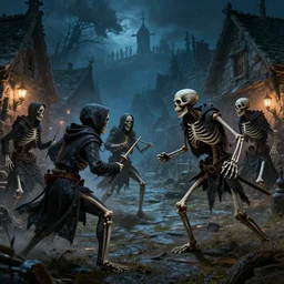 dangerous skeletons wearing hoodies fighting adventurers in a village at night, dnd, dramatic, fantasy art