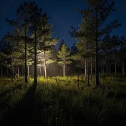 a wooded bog at night, cinematic, wildlife photography, moody lighting, volumetric light