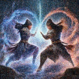 Two warriors having a battle surrounded by magical energy, fantasy