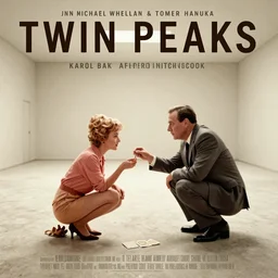 poster artwork by Michael Whelan and Tomer Hanuka, Karol Bak of Alfred Hitchcock squatting crouched over feeding on Janet Leigh the middle of a large empty simple room interior, no people, deserted, from scene from Twin Peaks, clean