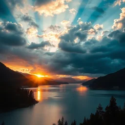 landscape photography by marc adamus, utopian, space ship, lake, sunrise, dramatic lighting, mountains, clouds, beautiful