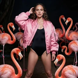 beautiful fantasy character portrait, natalie portman, wearing oversized army pink bomber jacket and black leotard, ultra realistic, wide angle, dramatic lighting, flamingoes, very seductive pose, cyberpunk artifacts, highly detailed by peter mohrbacher, hajime sorayama, wayne barlowe, boris vallejo, aaron horkey, gaston bussiere, craig mullins